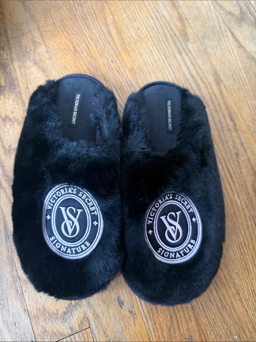 Victoria's Secret Black Faux Fur Signature Slip-Ons